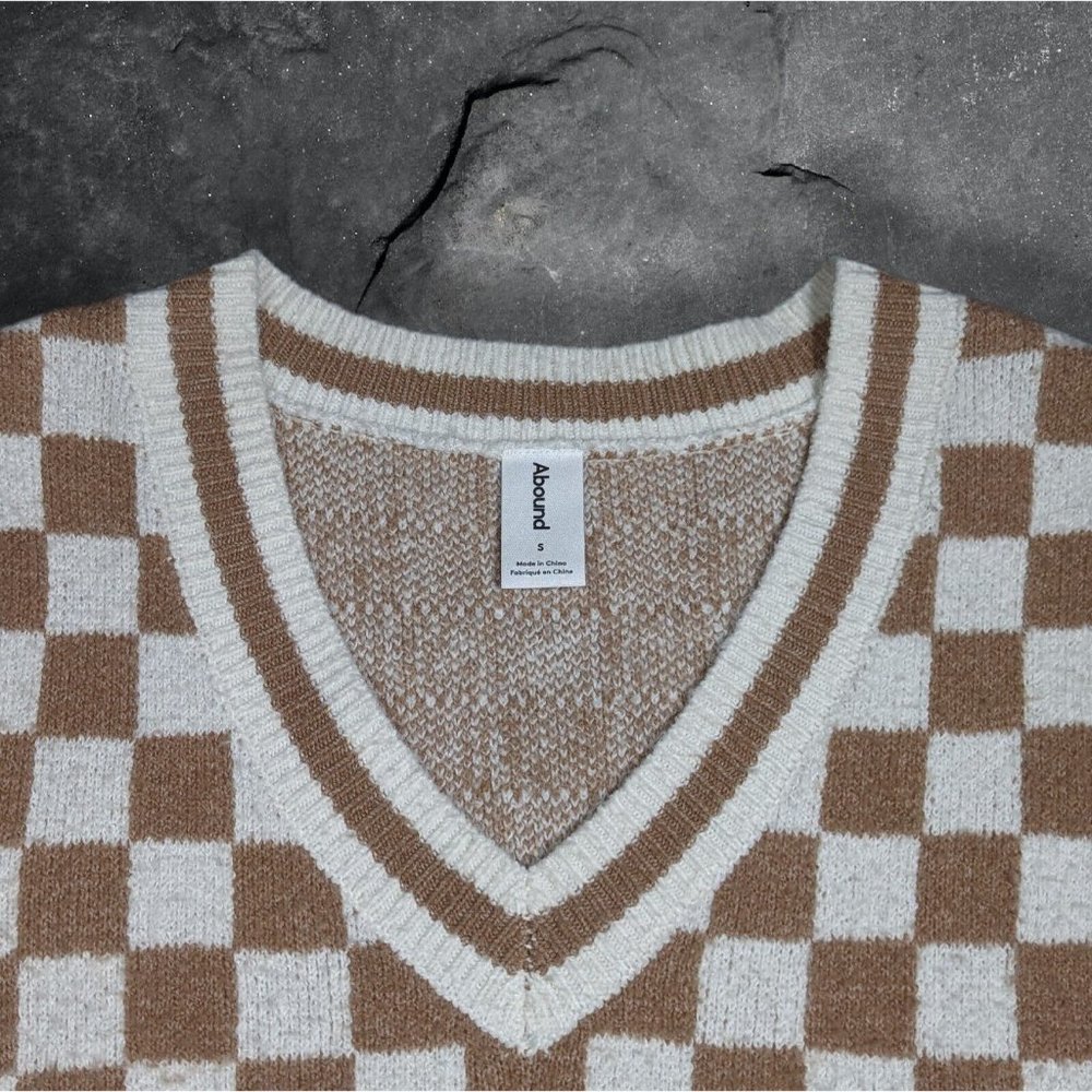 SOLD ABOUND Sweater Vest Tan/Ivory Check Women's Sleeveless V-Neck sz S - Picture 3 of 4